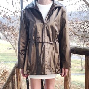 Women's Beautiful Golden Bronze Faux Leather Jacket With Tie